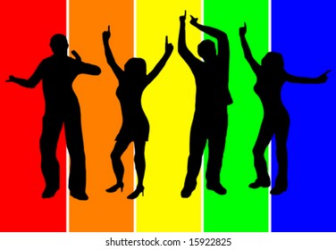 A vector background illustration of a group of dancers in silhouette on a multicoloured  background