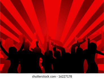 Ilustración de fondo vectorial de un grupo de bailarinas en silueta sobre un fondo de efecto de explosión de sol rojo con un resaltado central