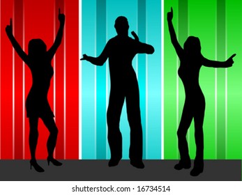 A vector background illustration of a group of dancers in silhouette on a multicoloured curtain background