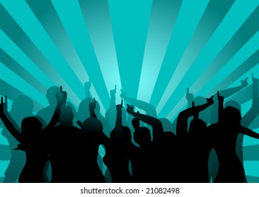 A vector background illustration of a group of dancers in silhouette on a blue background with a center highlight and  sunburst effect lighting
