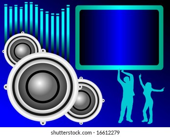 a vector background illustration with a group of musical speakers on a blue background with a text box and graphic equaliser and silhouetted dancers, useful for party invitation