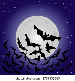 Vector background illustration of Halloween, full moon and bats.