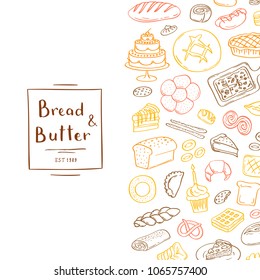 Vector background illustration with hand drawn doodle bakery elements and lettering