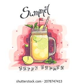 Vektorhintergrund - Happy Summer. Glas mit Limonade, Minze und Zitrone. Für Print-on-Demand, Zeitschriften und Zeitungen, Buchumschläge.