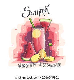 Vector background illustration Happy Summer. Glass with watermelon, orange and lemon. For print on demand, magazines and newspapers, book covers.