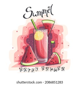 Vector background illustration Happy Summer. Glass with watermelon and lemon. For print on demand, magazines and newspapers, book covers.