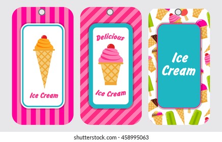 Vector a background an illustration with the image of a ice cream cone, an eskimo on a stick a wafer cup chocolate. strawberry, vanilla. Design elements for packing, toys, leaflets, banners, labels.