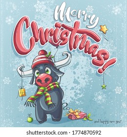 Vector Background Illustration Marry Christmas Cartoon Bull. For Print On Demand, Powerpoint And Keynote Presentations, Advertisements And Commercials, Magazines And Newspapers, Book Covers.