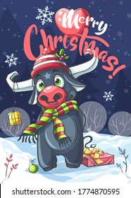 Vector background illustration Marry Christmas cartoon bull in night. For print on demand, powerpoint and keynote presentations, advertisements and commercials, magazines and newspapers, book covers.