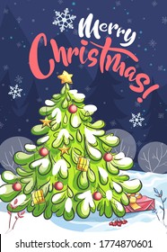 Vector Background Illustration Marry Christmas Tree In Night. For Print On Demand, Powerpoint And Keynote Presentations, Advertisements And Commercials, Magazines And Newspapers, Book Covers.