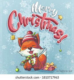 Vector Background Illustration Marry Christmas Cartoon Fox. For Print On Demand, Powerpoint And Keynote Presentations, Advertisements And Commercials, Magazines And Newspapers, Book Covers.