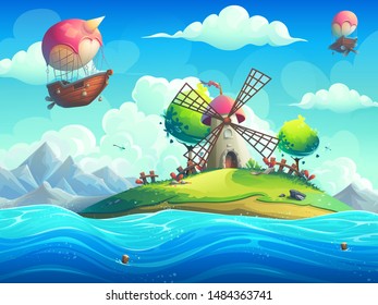 Vector background illustration of mill on island in ocean. For design websites and mobile phones, printing.