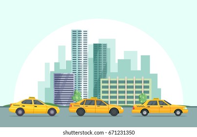 Vector background illustration of modern urban landscape with different buildings and taxi cars