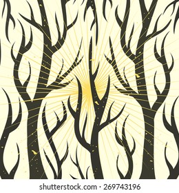 Vector background illustration with morning sunlight in forest. Yellow sun rays, black trees - magic woodland