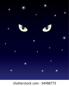 vector background illustration of mysterious domestic cat's eyes in the dark
