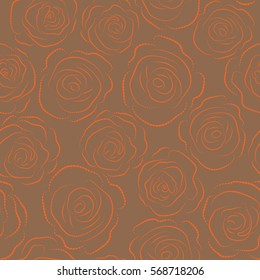 Vector background illustration. Nature monochrome rose flowers. Abstract seamless pattern in orange and brown colors.