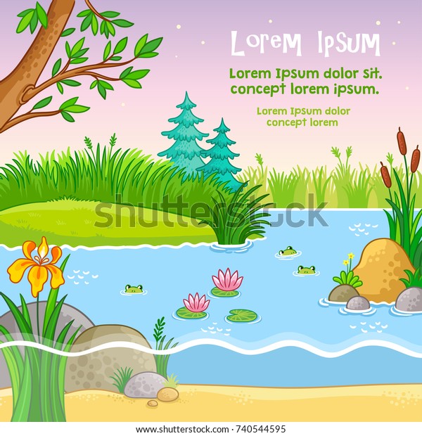 自然を持つベクター画像の背景イラスト 子ども向けの池とカエルと植物 のベクター画像素材 ロイヤリティフリー