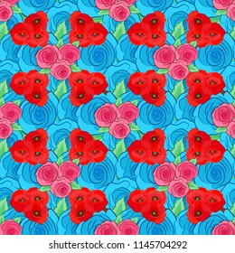 Vector background illustration. Nature rose flowers. Abstract seamless pattern in red, pink and blue colors.