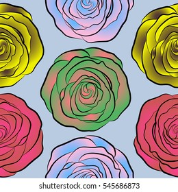 Vector background illustration. Nature rose flowers. Abstract seamless pattern in neutral, pink and yellow colors.
