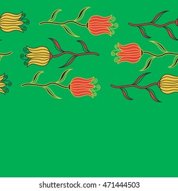 Vector background illustration. Nature tulip flowers. Abstract seamless pattern in yellow, green and orange colors.