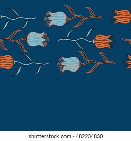 Vector background illustration. Nature tulip flowers. Abstract seamless pattern in blue, orange and brown colors.