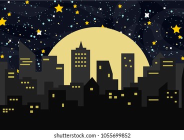 Vector background illustration with night city, sky, stars and dust.