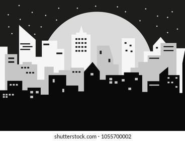 Vector background illustration with night city, sky, stars and dust.