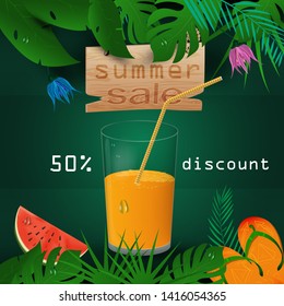 vector background illustration on tropical leaf background, concept design for coupon design, tickets, for sales, discounts and travel during summer vacation, EPS 10