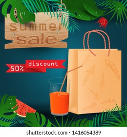 vector background illustration on tropical leaf background, concept design for coupon design, tickets, for sales, discounts and travel during summer vacation, EPS 10