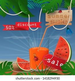 vector background illustration on tropical leaf background, concept design for coupon design, tickets, for sales, discounts and travel during summer vacation, EPS 10