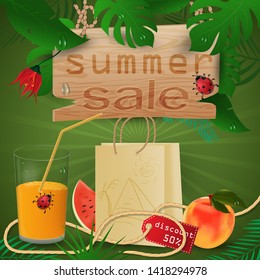 vector background illustration on tropical leaf background, concept design for coupon design, tickets, for sales, discounts and travel during summer vacation, EPS 10