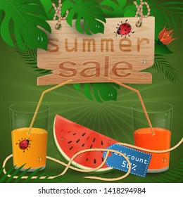 vector background illustration on tropical leaf background, concept design for coupon design, tickets, for sales, discounts and travel during summer vacation, EPS 10