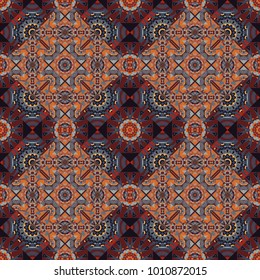 Vector background illustration. Oriental seamless pattern - korean, japanese or chinese traditional ornament in orange, brown and blue colors.