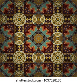 Vector background illustration. Oriental seamless pattern - korean, japanese or chinese traditional ornament in orange, brown and green colors.