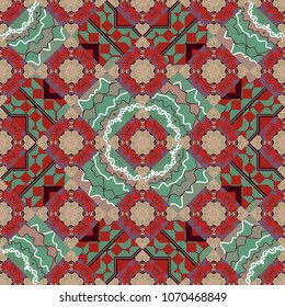 Vector background illustration. Oriental seamless pattern - korean, japanese or chinese traditional ornament in red, green and brown colors.
