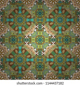Vector background illustration. Oriental seamless pattern - korean, japanese or chinese traditional ornament in blue, brown and green colors.