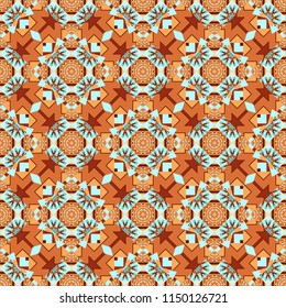 Vector background illustration. Oriental seamless pattern - korean, japanese or chinese traditional ornament in orange, blue and red colors.