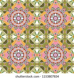 Vector background illustration. Oriental seamless pattern - korean, japanese or chinese traditional ornament in green, beige and blue colors.