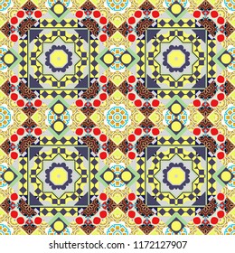 Vector background illustration. Oriental seamless pattern - korean, japanese or chinese traditional ornament in violet, gray and yellow colors.