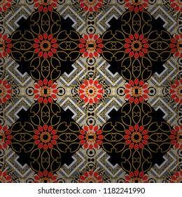 Vector background illustration. Oriental seamless pattern - korean, japanese or chinese traditional ornament in black, gray and orange colors.