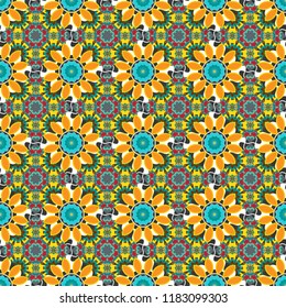 Vector background illustration. Oriental seamless pattern - korean, japanese or chinese traditional ornament in blue, orange and yellow colors.