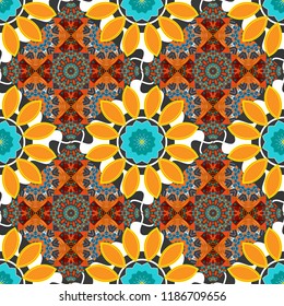 Vector background illustration. Oriental seamless pattern - korean, japanese or chinese traditional ornament in orange, blue and gray colors.