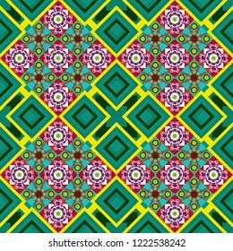 Vector background illustration. Oriental seamless pattern - korean, japanese or chinese traditional ornament in yellow, black and blue colors.