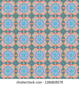 Vector background illustration. Oriental seamless pattern - korean, japanese or chinese traditional ornament in blue, beige and orange colors.
