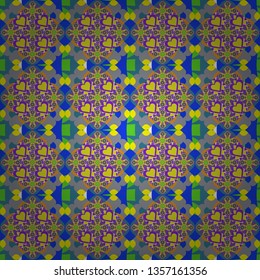 Vector background illustration. Oriental seamless pattern - korean, japanese or chinese traditional ornament in violet, blue and yellow colors.