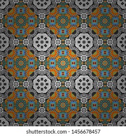Vector background illustration. Oriental seamless pattern - korean, japanese or chinese traditional ornament in gray, blue and yellow colors.