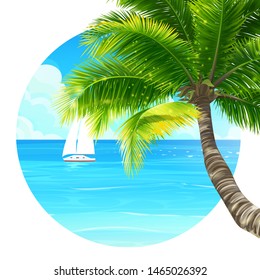Vector background illustration palm tree and ship in ocean. Bright image to create original video or web games, graphic design, screen savers.