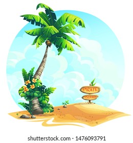 Vector background illustration palm tree with wooden sign on sand. Bright image to create original video or web games, graphic design, screen savers.