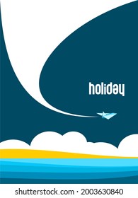 vector background illustration of a paper airplane flying over the beach, templates, brochures