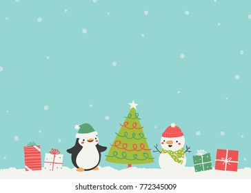 Vector background illustration of penguin and snowman gathered around a Christmas tree